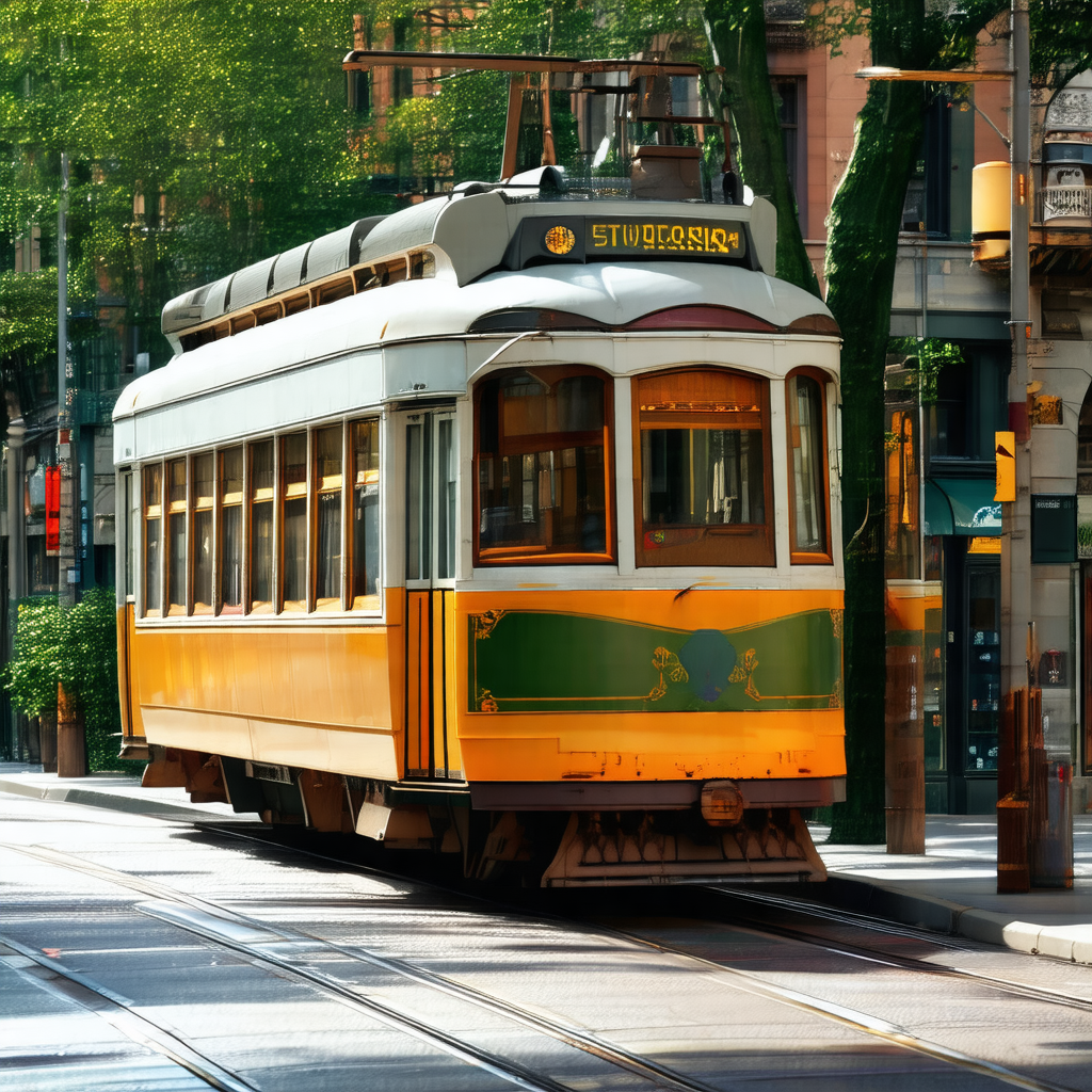 Yellow and green trolley car traveling down a street