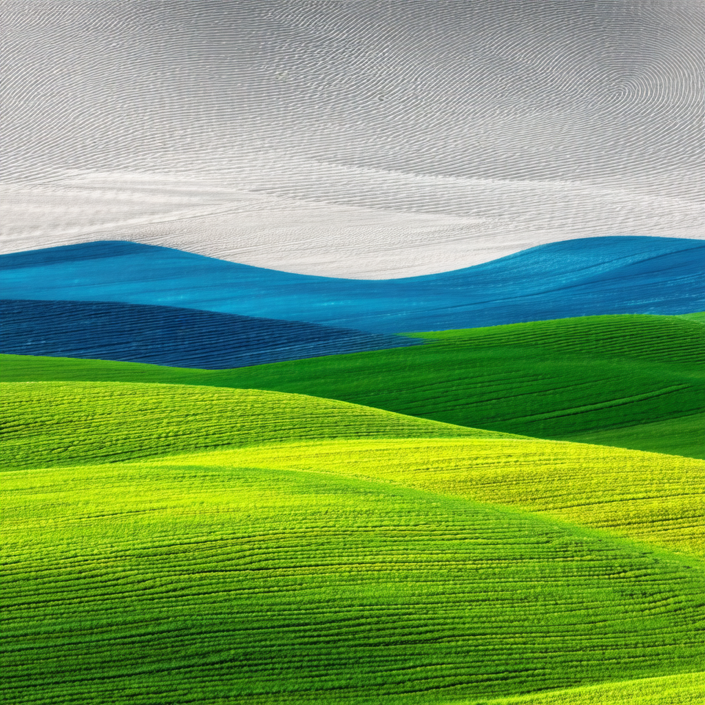 Large, lush green field with a blue and white striped pat...