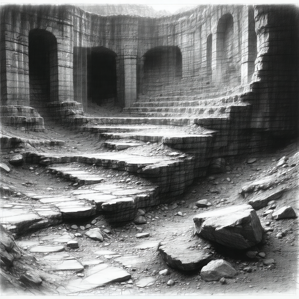 Black and white photograph of a large stone staircase