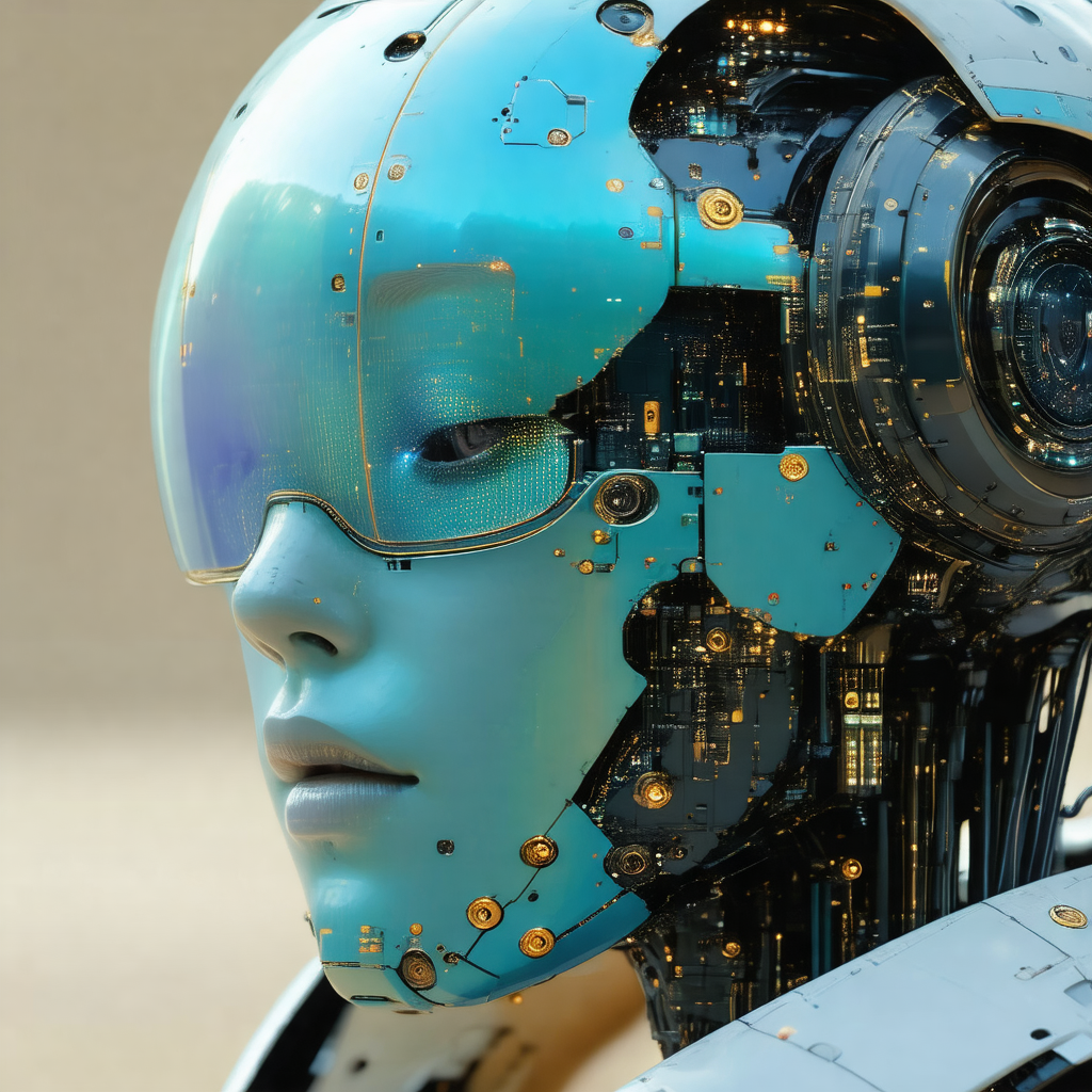 Futuristic robot with a blue head and a gold face