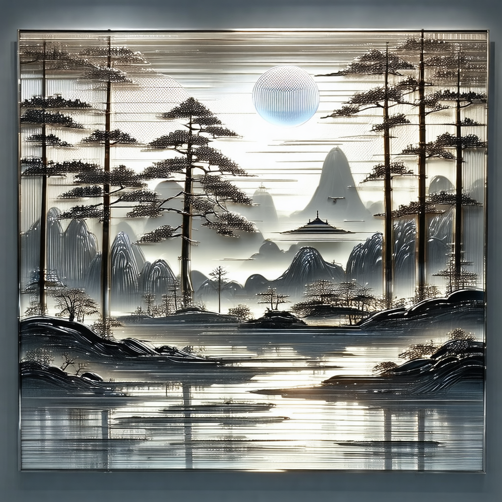 Painting of a mountainous landscape with a body of water ...