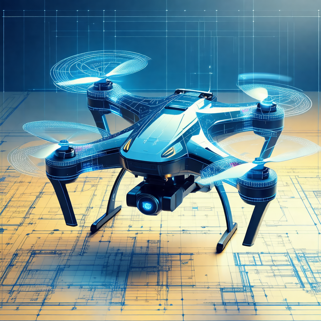 Blue drone with a propeller on the bottom, hovering in th...