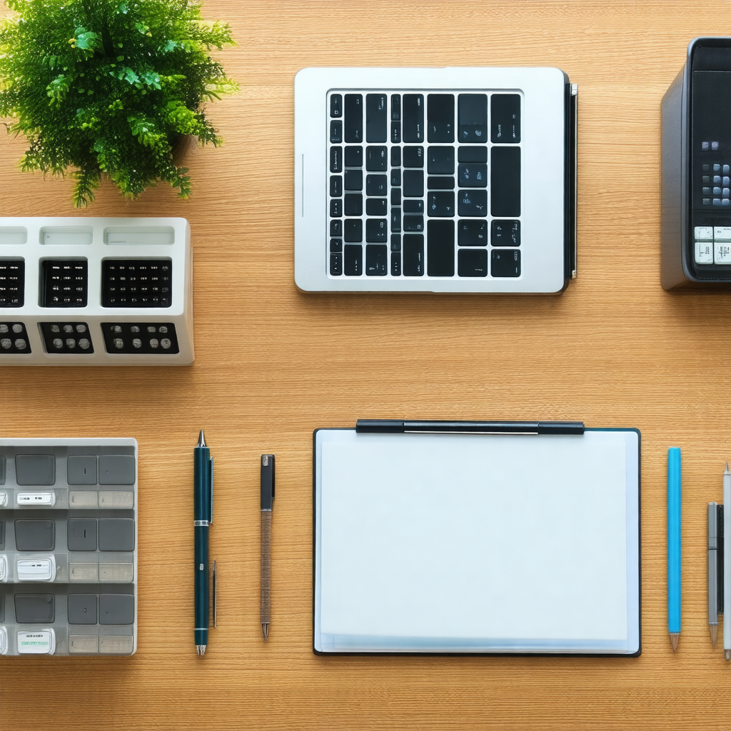 Wooden desk with a variety of items on it
