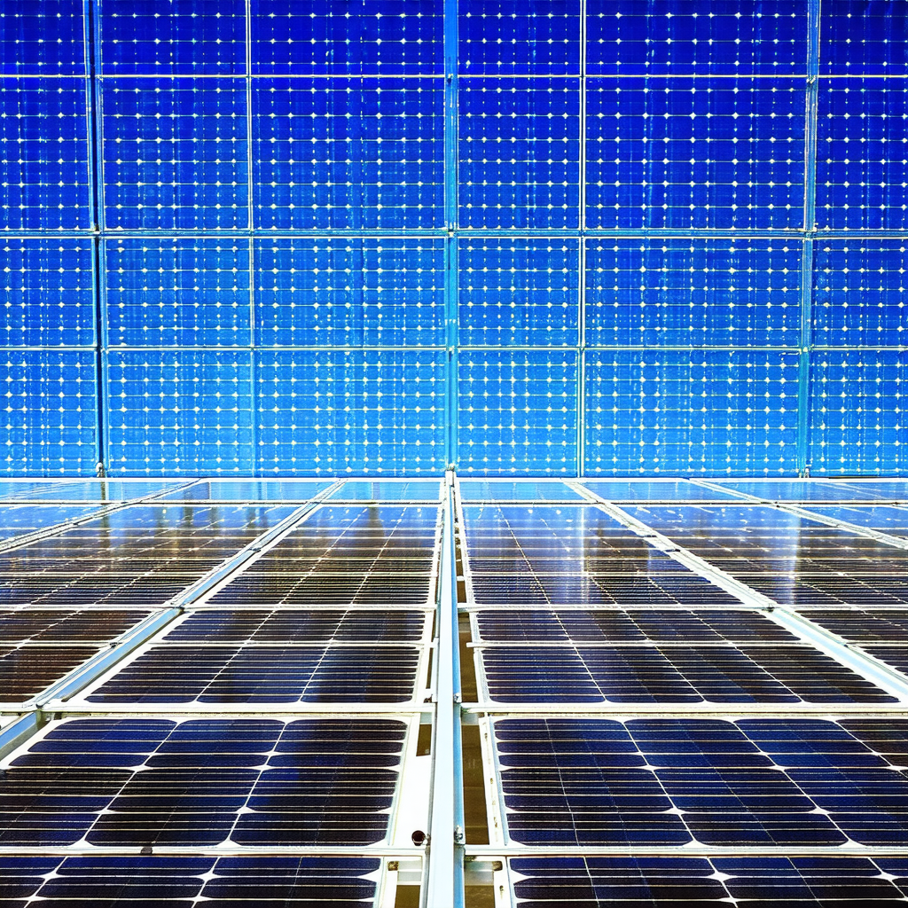 Large solar panel array, with multiple rows of solar pane...