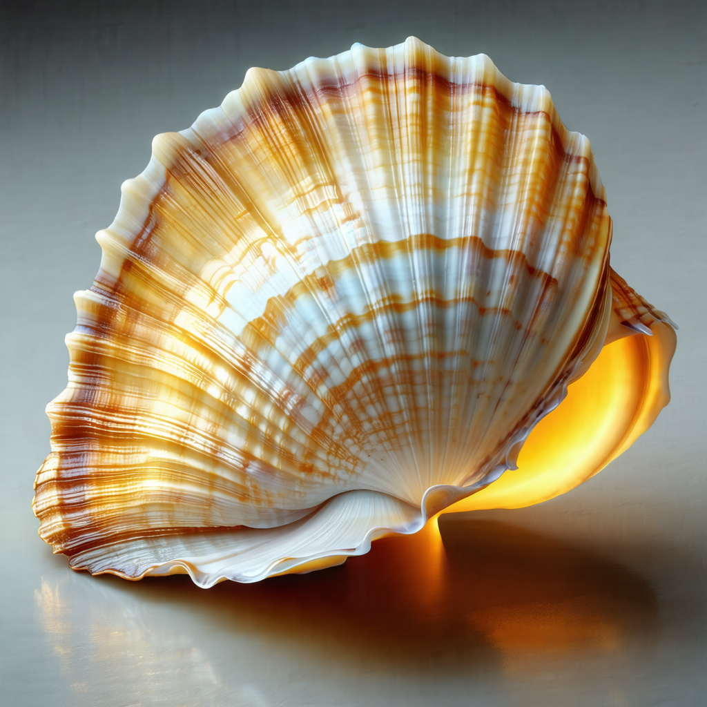 Beautiful shell, possibly a conch, sitting on a table