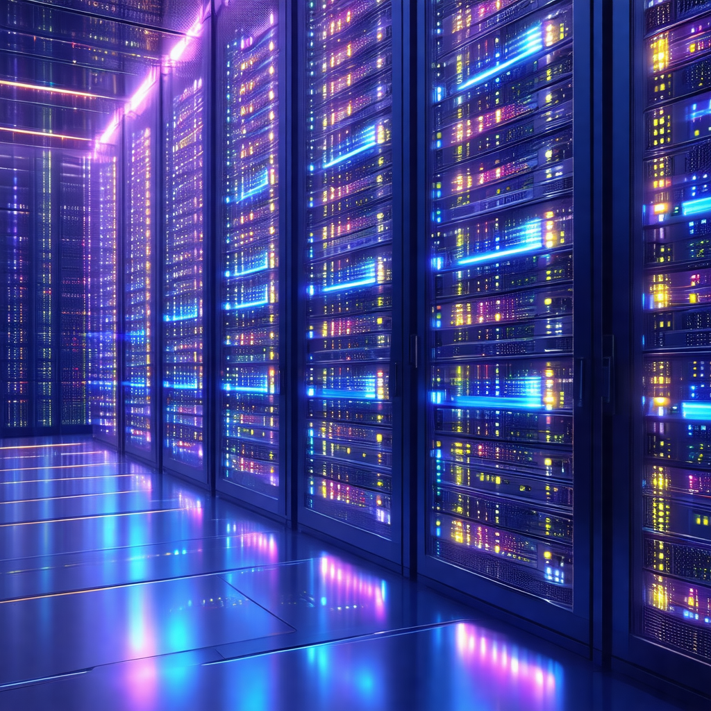 Large, brightly lit room filled with rows of computer ser...
