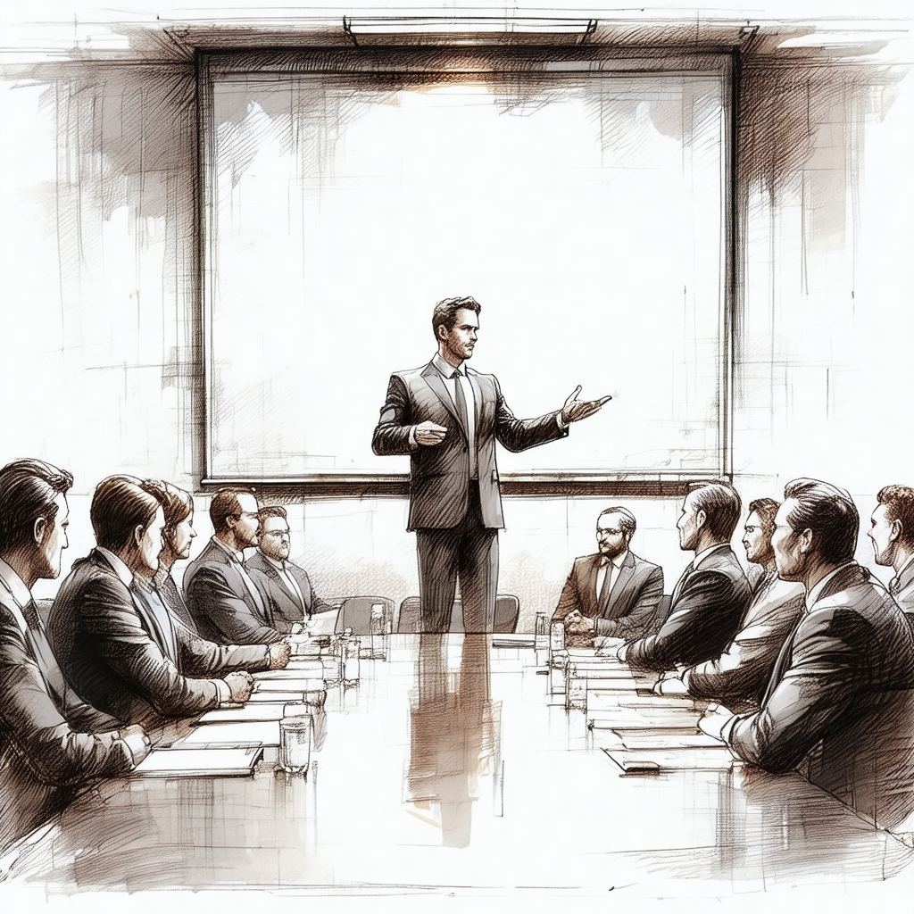 Black and white drawing of a man giving a presentation in...