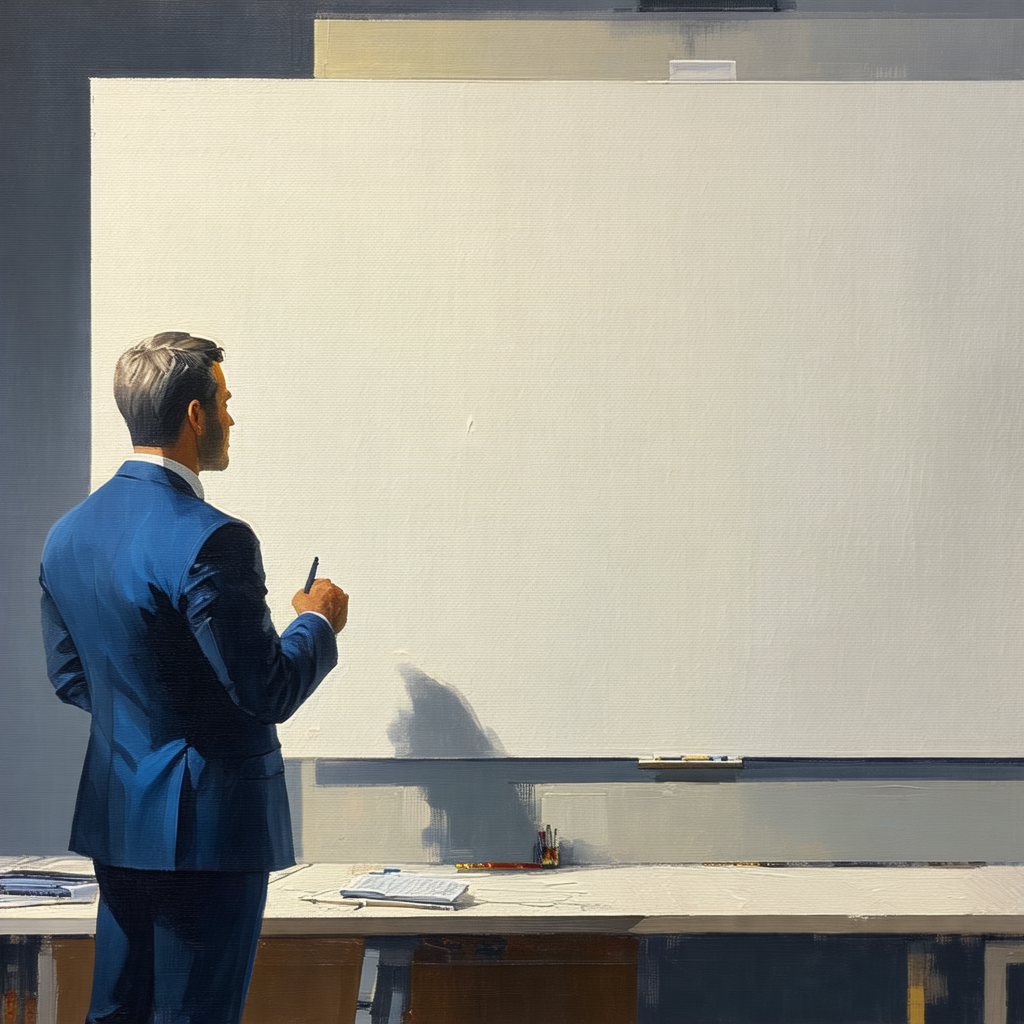 Man standing in front of a large whiteboard, which is pla...