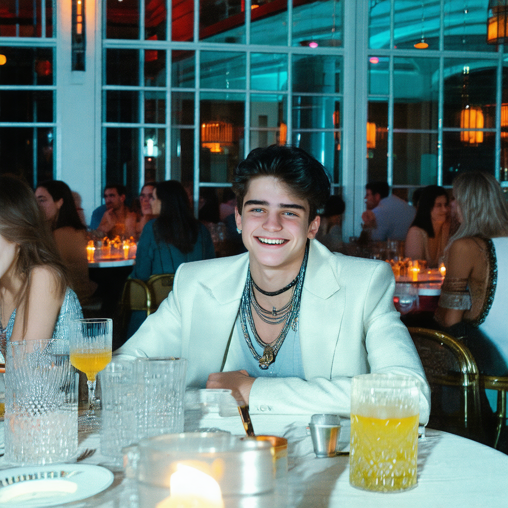 Lively restaurant scene with a group of people sitting ar...