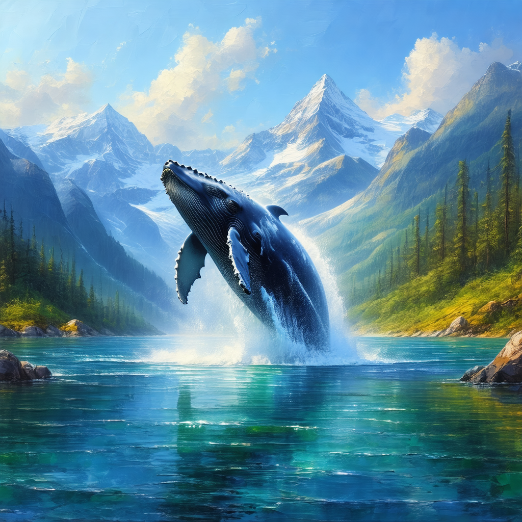 Large blue whale in the middle of a lake, with its tail e...