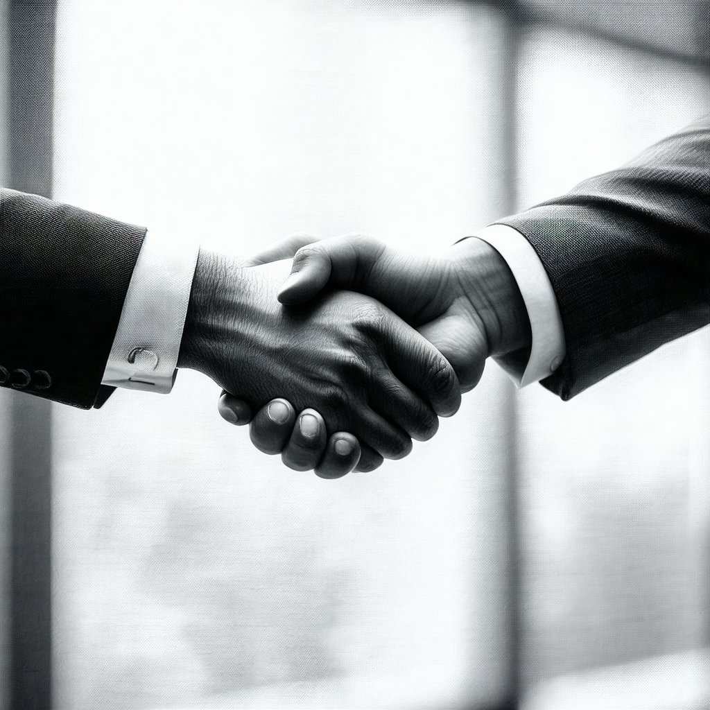 Two men are shaking hands in a professional setting