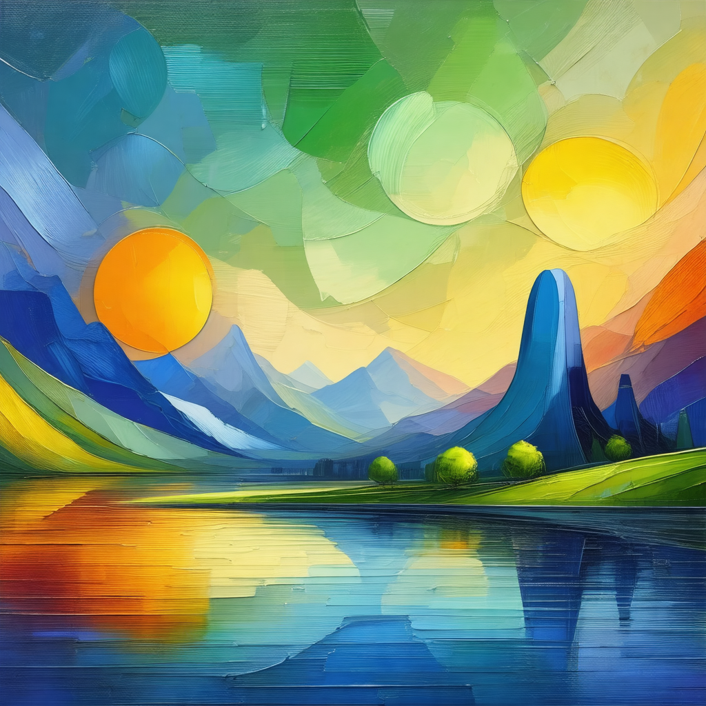 Painting of a beautiful landscape featuring a large body ...