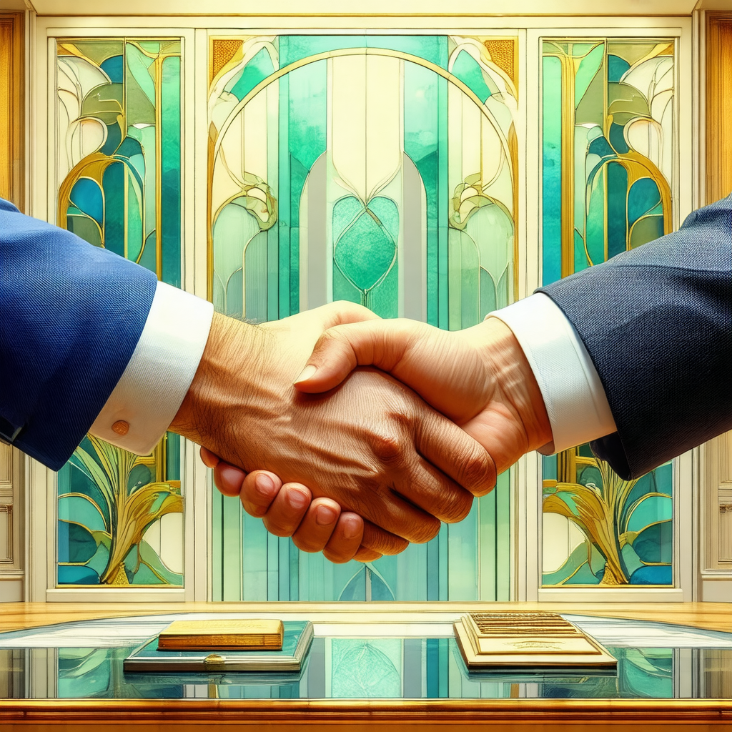 Two men are shaking hands in a formal setting