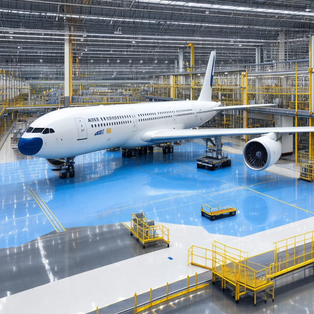 Large white airplane parked inside a hangar