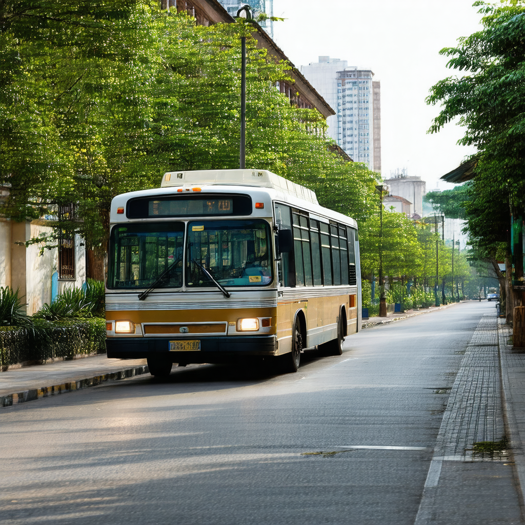 Large yellow and white bus driving down a city street