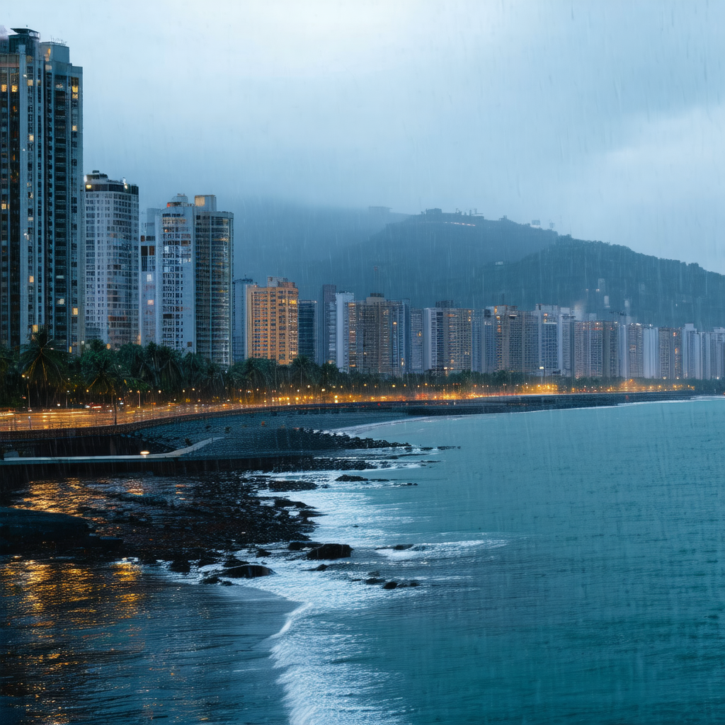 Beautiful cityscape at night, with a large body of water ...