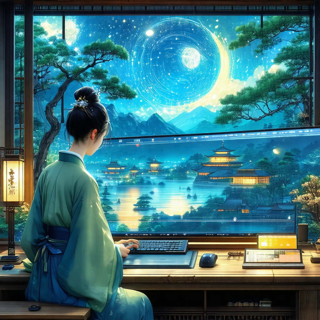 Woman sitting at a desk, looking out a window