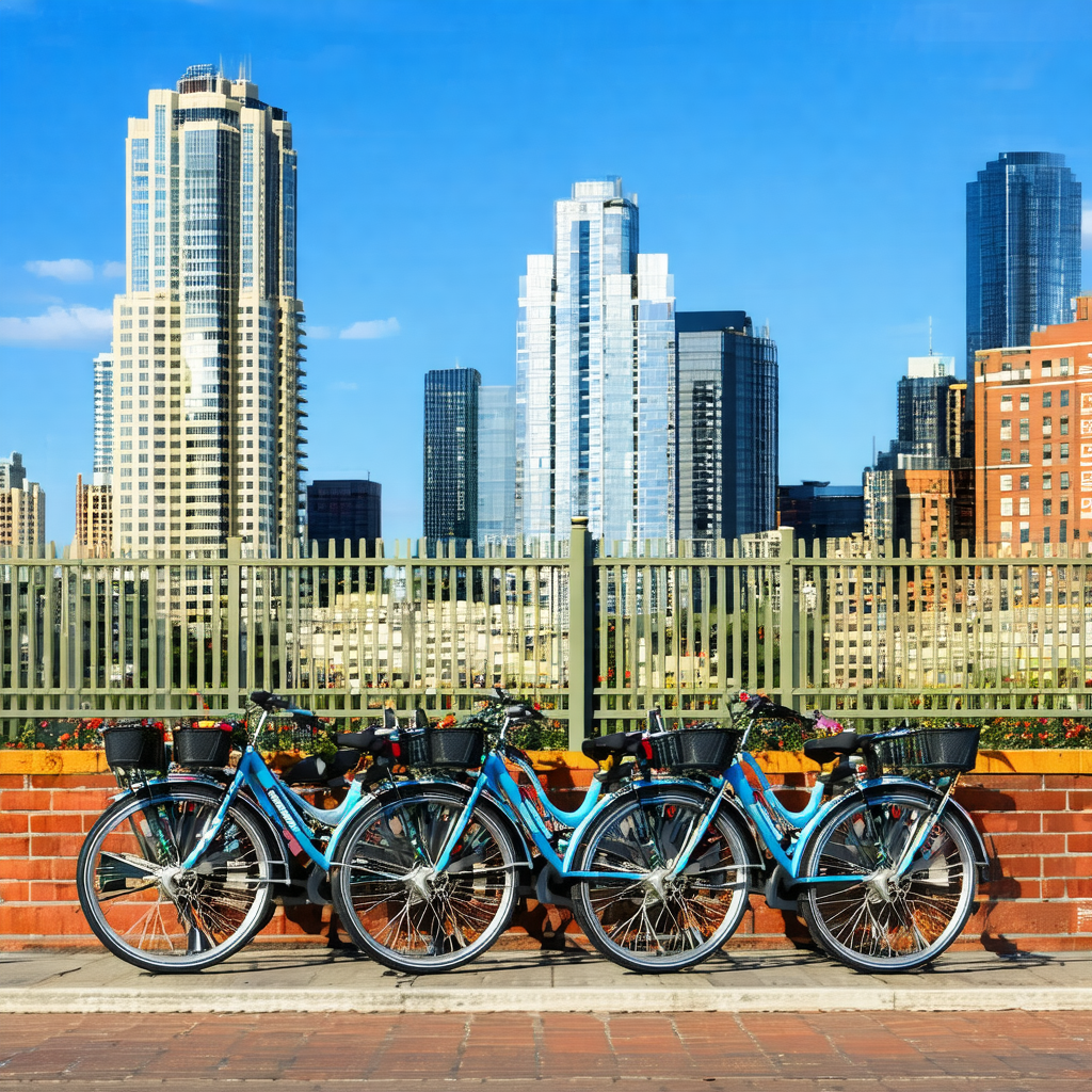 Row of three bicycles parked next to each other on a side...