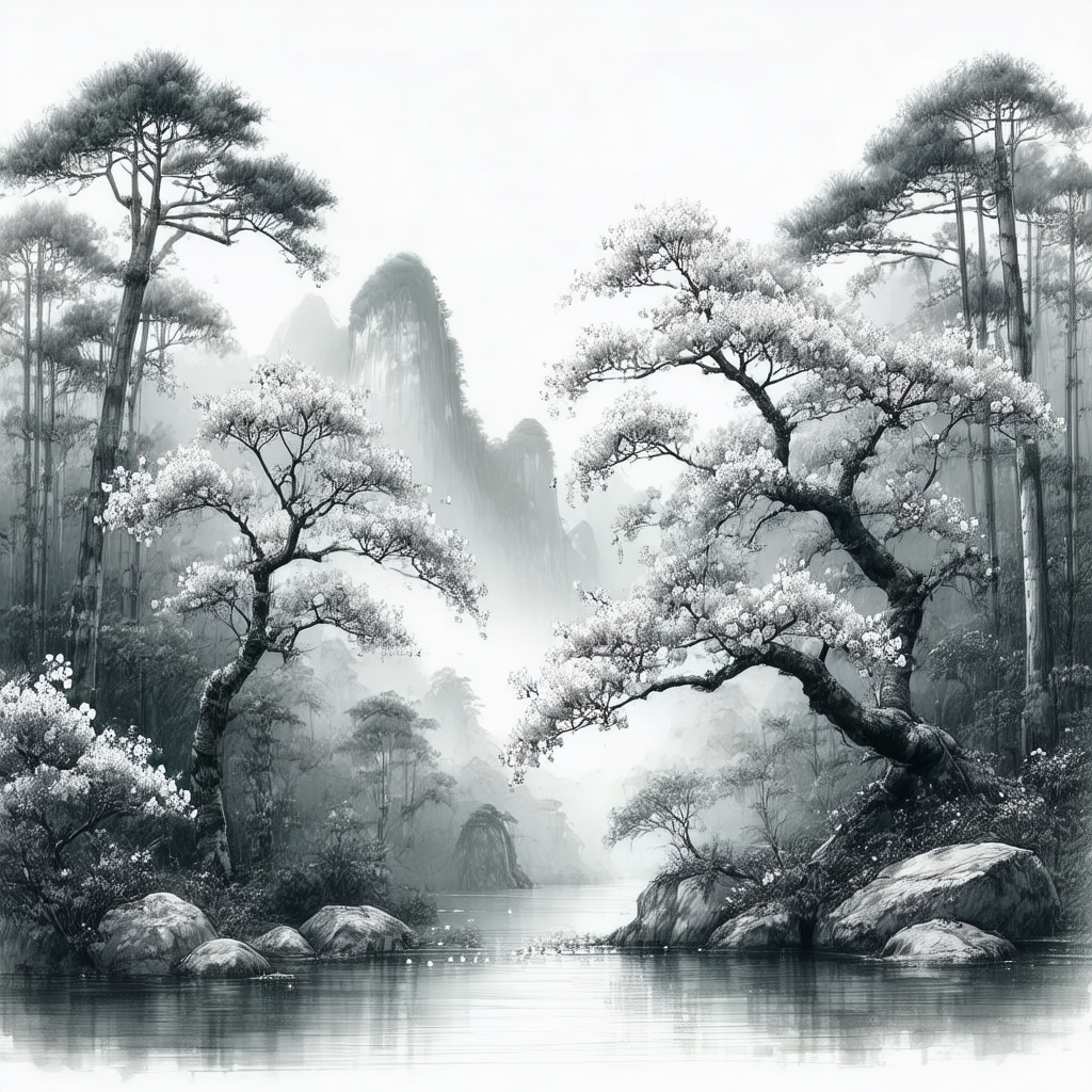Black and white painting of a forest scene
