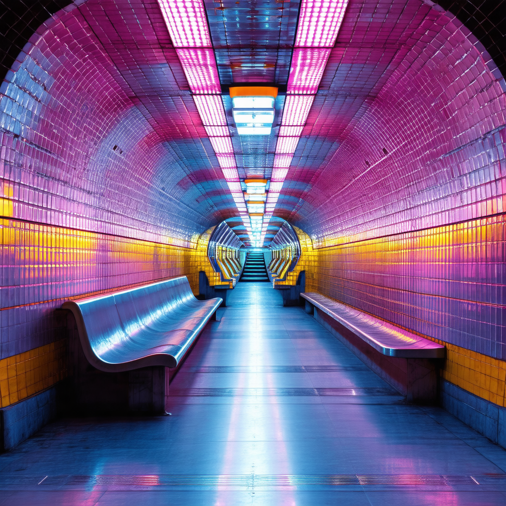 Long, narrow tunnel with a row of benches lining the sides
