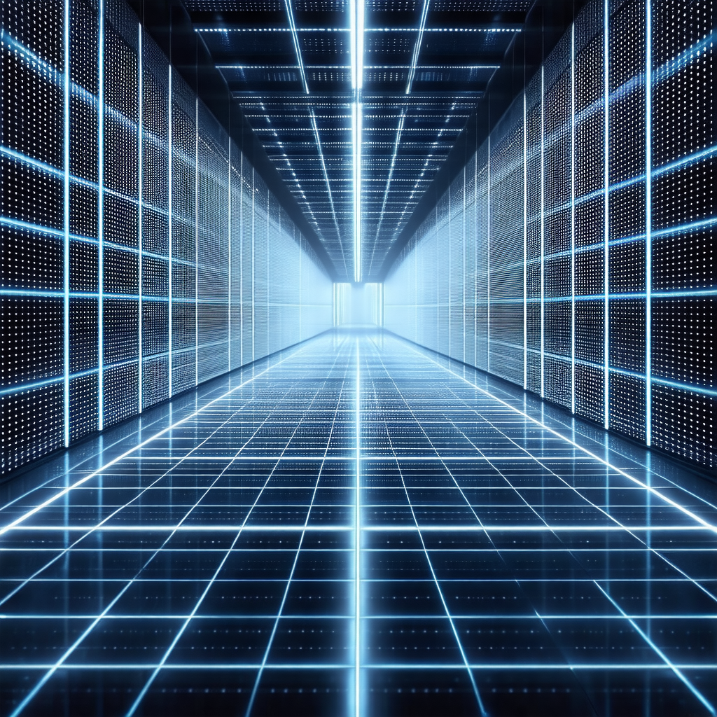 Long, narrow hallway with a blue light illuminating the s...