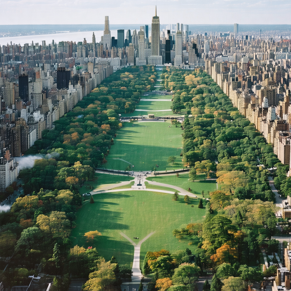 Bird's eye view of a large city park, featuring a grassy ...