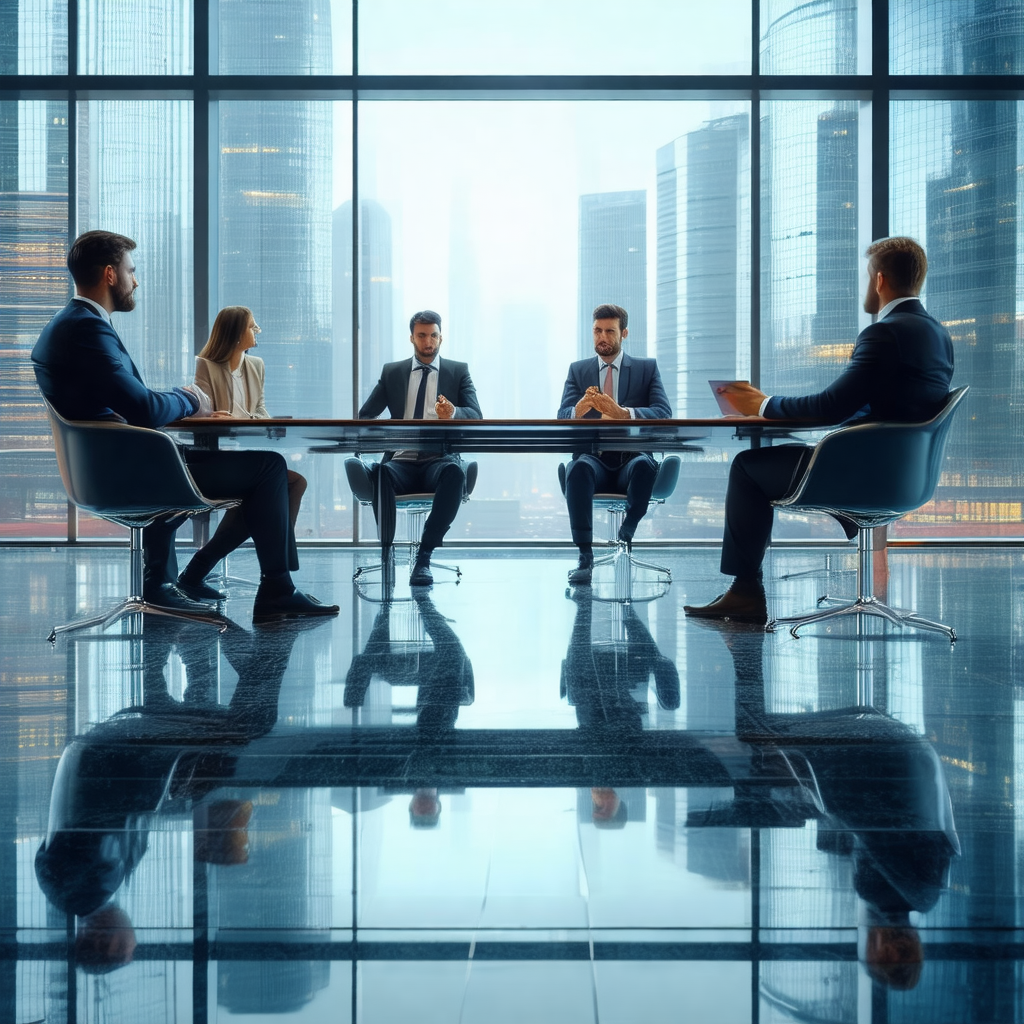 Group of people sitting around a large, round table in a ...