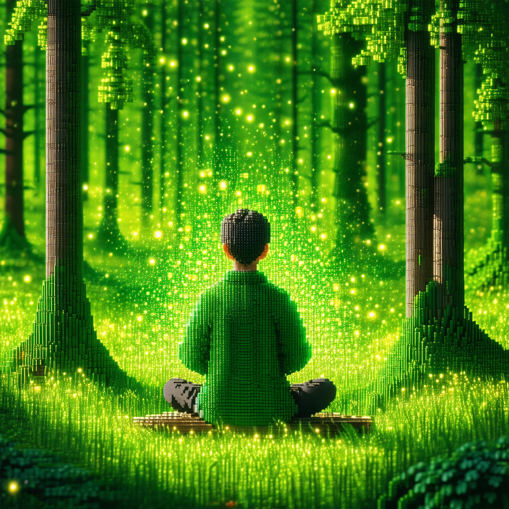 Digital artwork featuring a man sitting in a forest