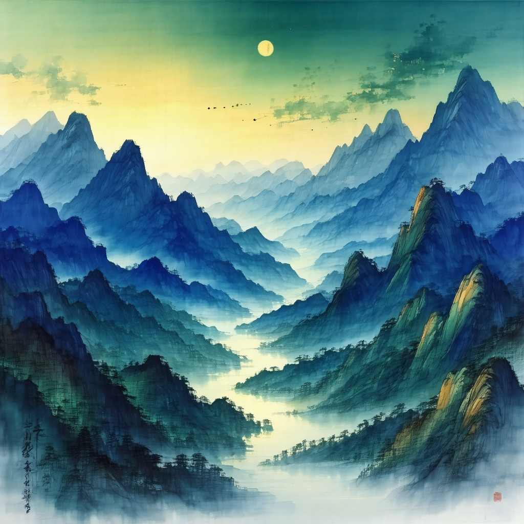 Painting of a mountainous landscape with a river flowing ...