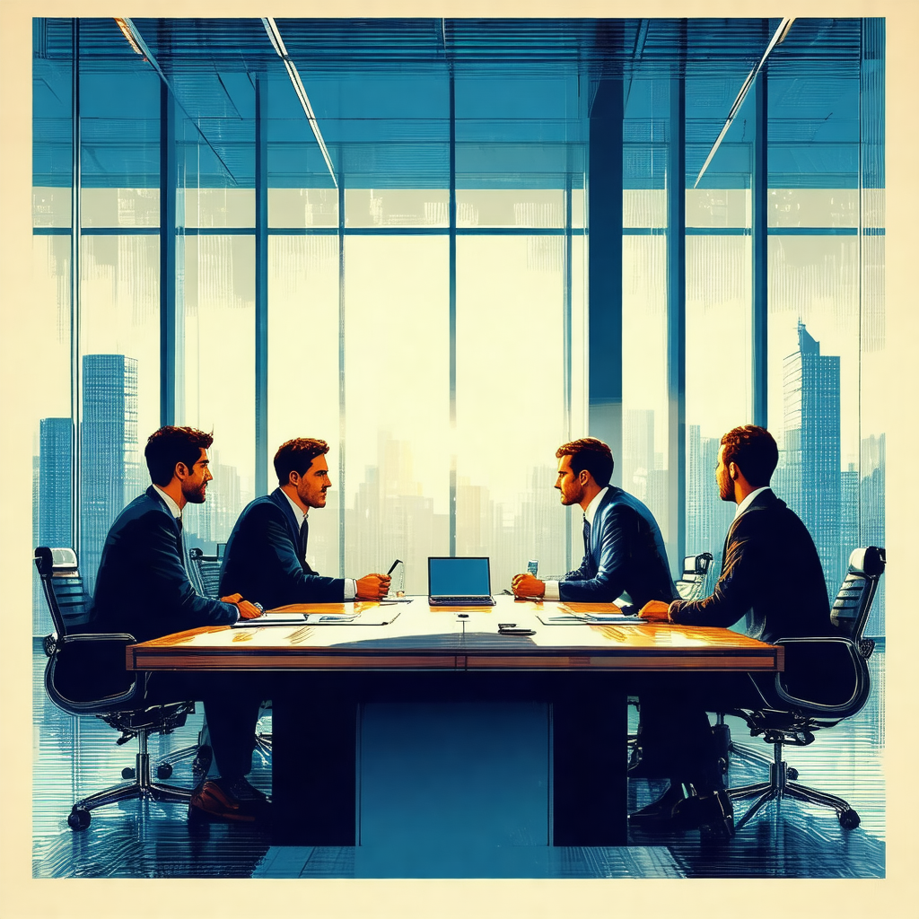 Painting of three men sitting around a conference table