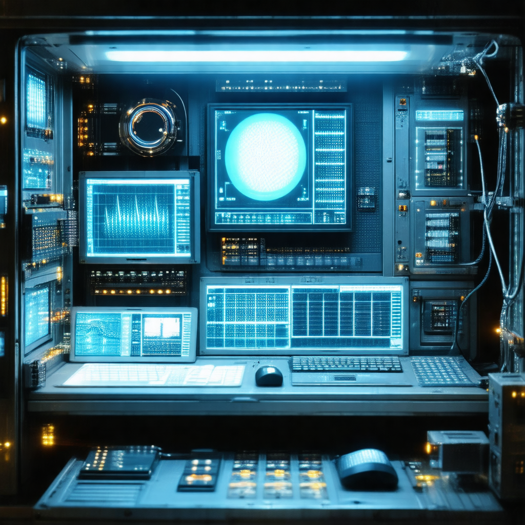 Futuristic control room with a large number of computer s...