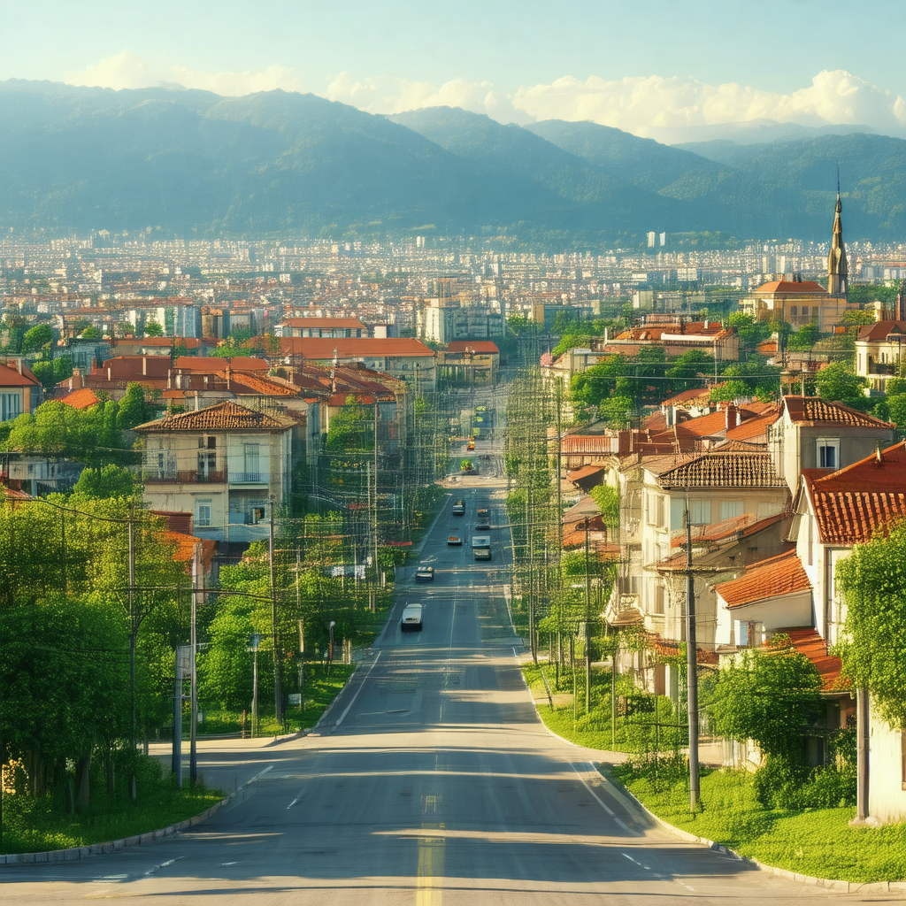 City street with a row of houses on one side and a forest...
