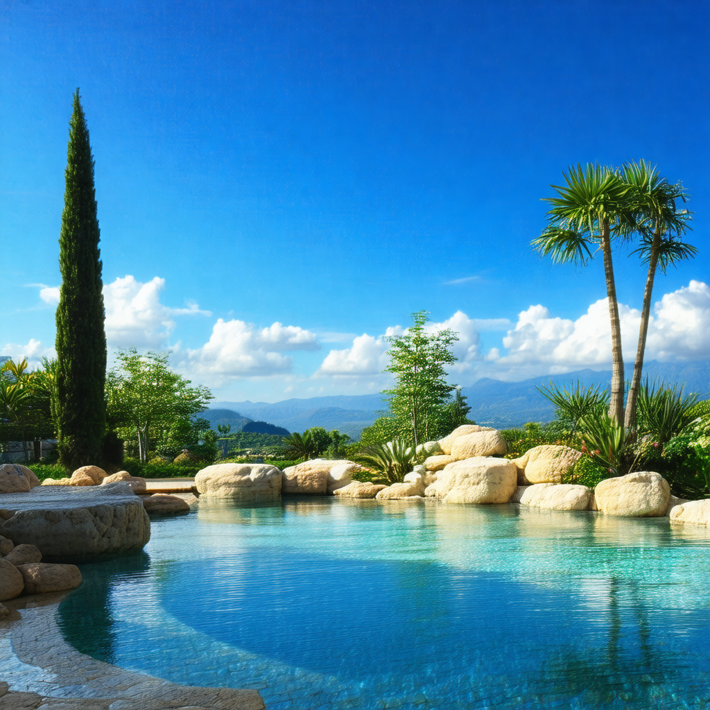 Large, blue swimming pool with a rock wall surrounding it