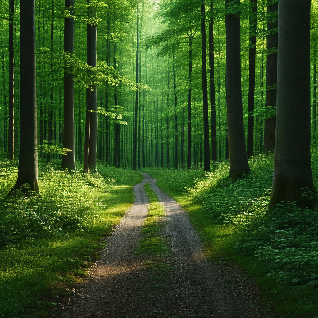 Serene forest scene with a dirt road running through it