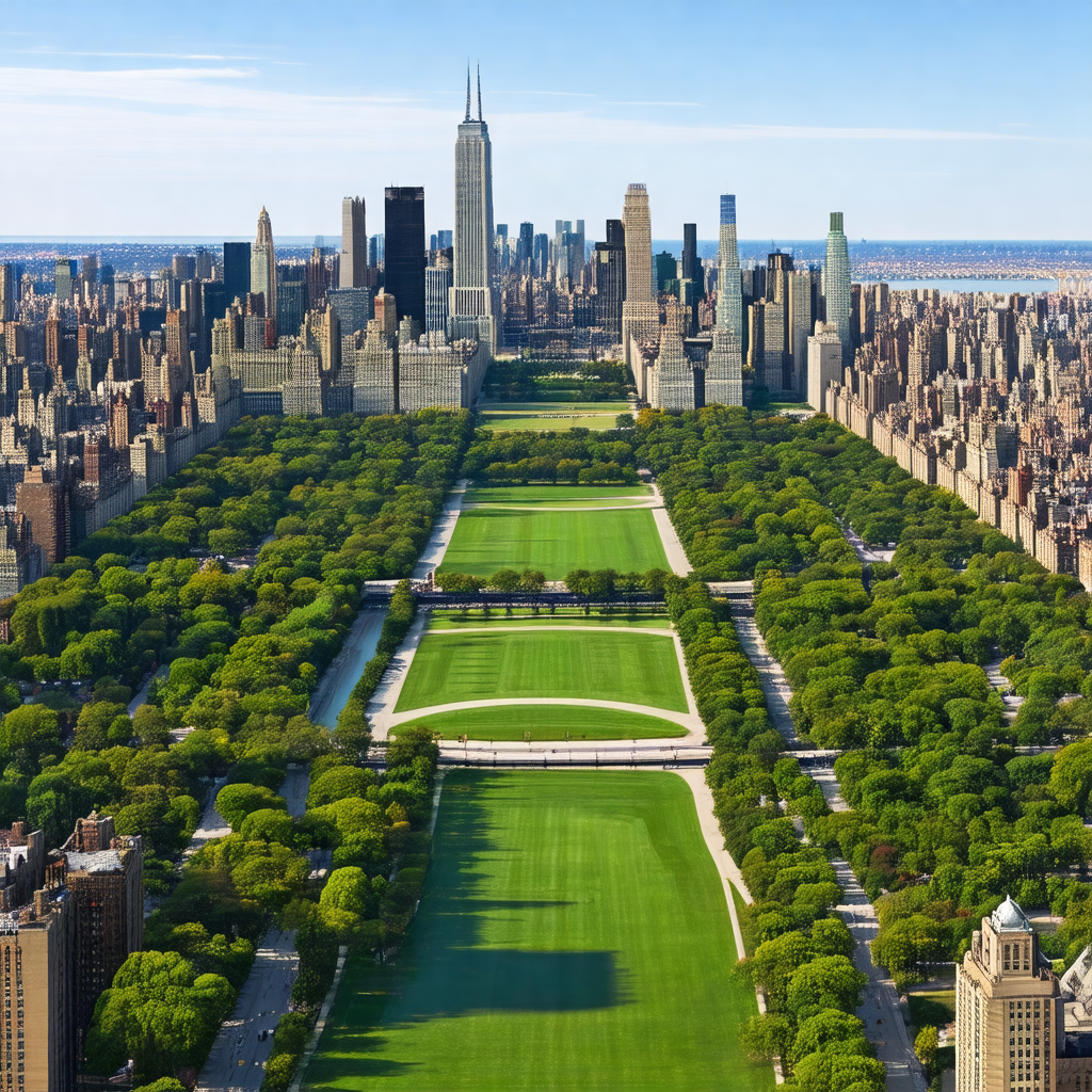 Panoramic view of a large city, showcasing a park with a ...