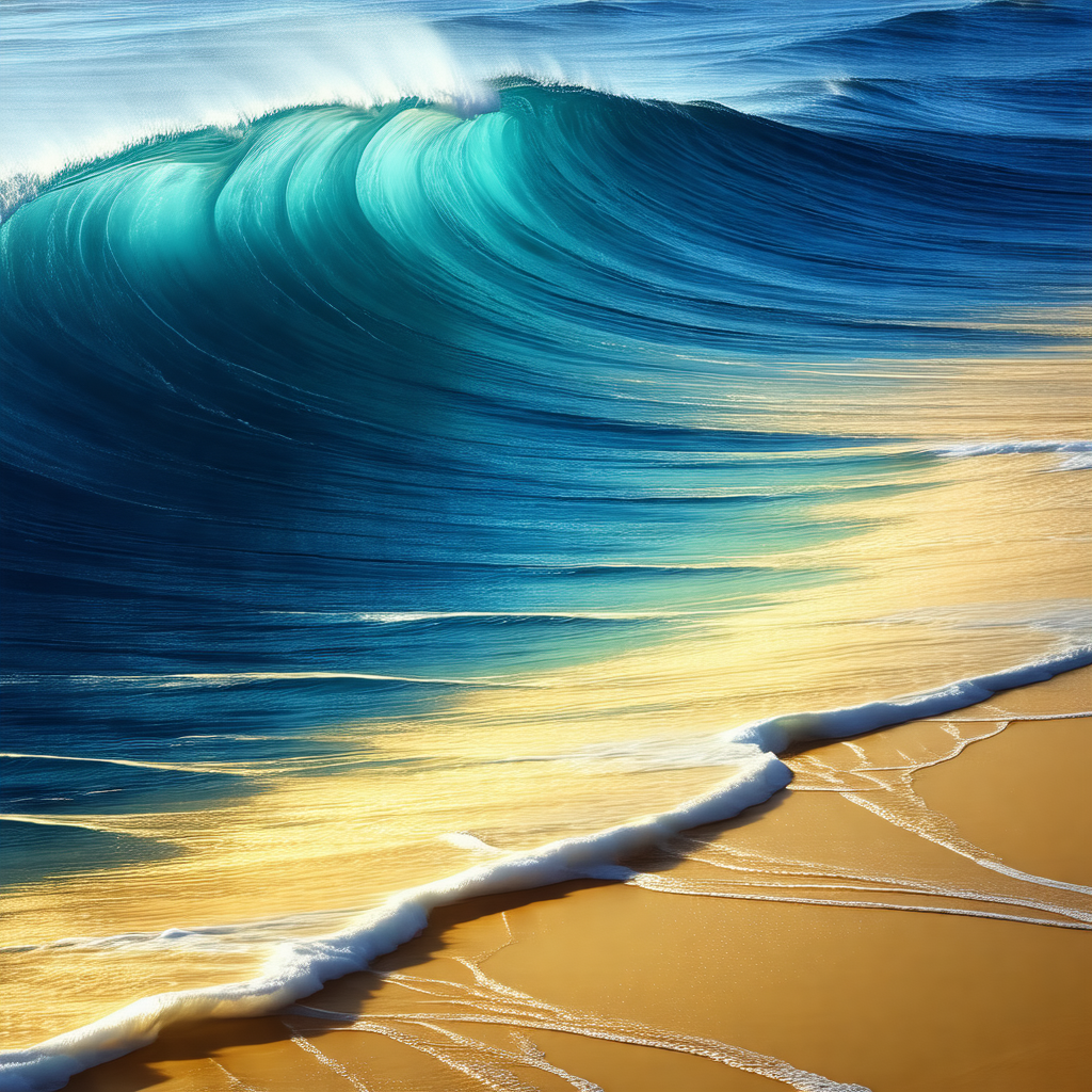 Beautiful beach scene with a large wave crashing onto the...