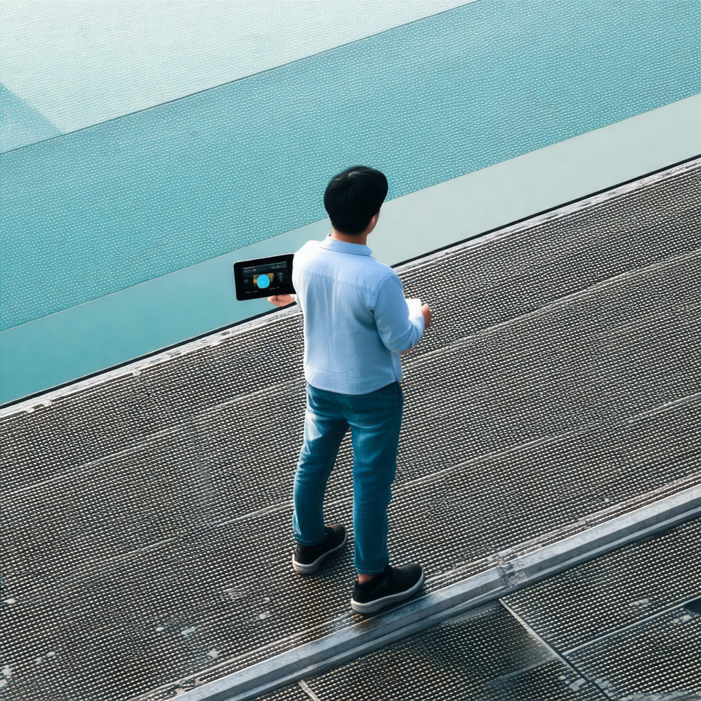 Man standing on a metal staircase, holding a cell phone i...
