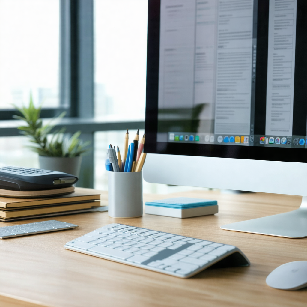 Wooden desk with a computer monitor sitting on top of it