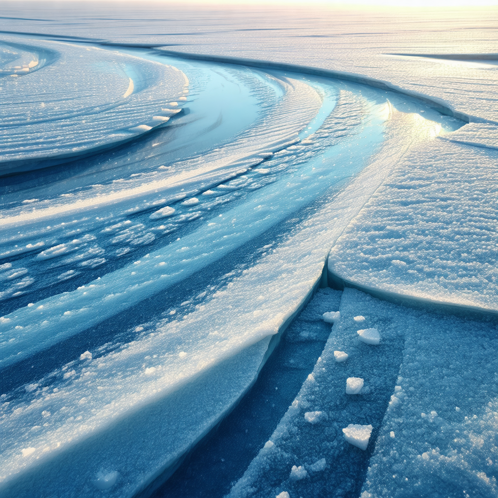 Frozen lake with a trail of ice and snow leading to the w...