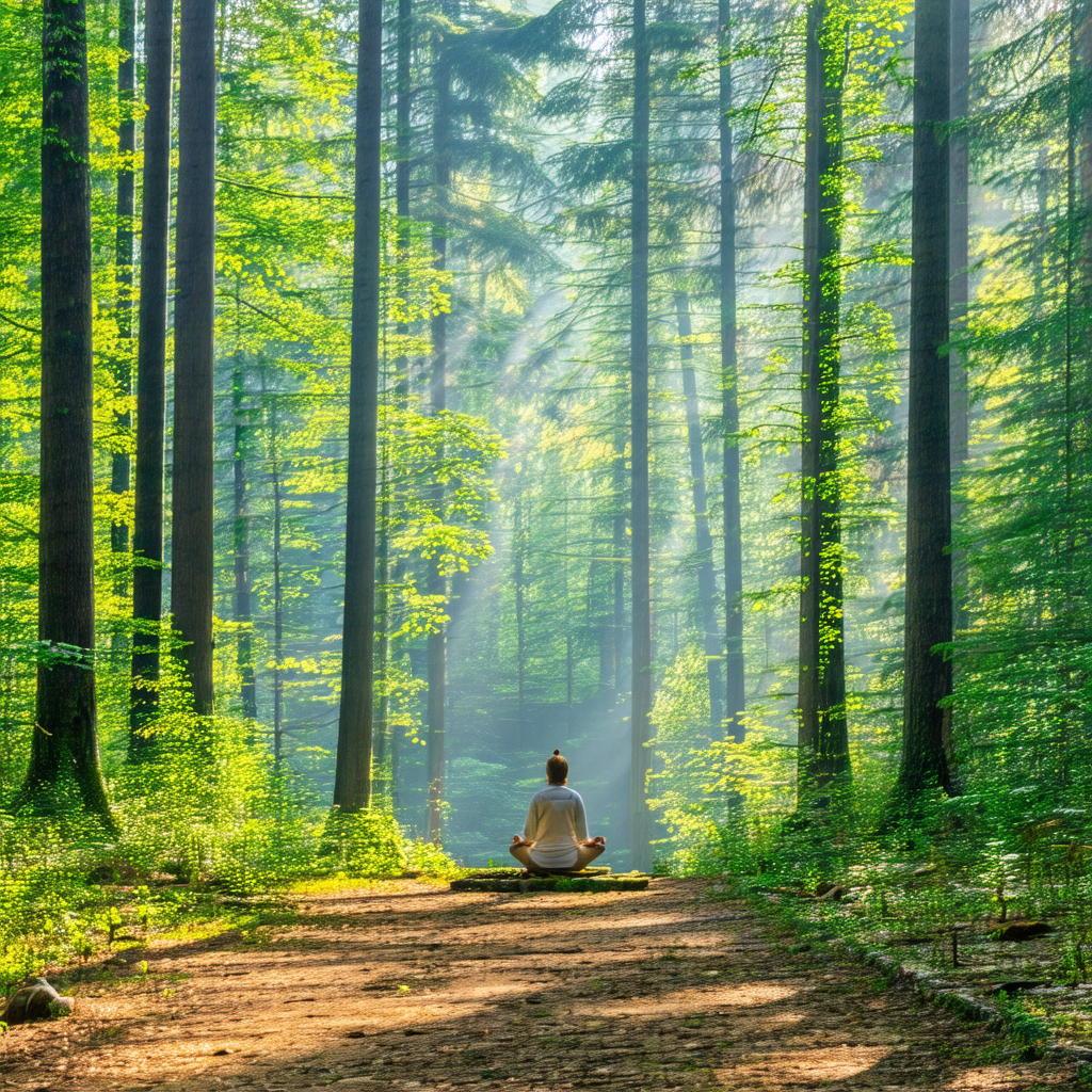Woman sitting on a log in a forest, surrounded by trees