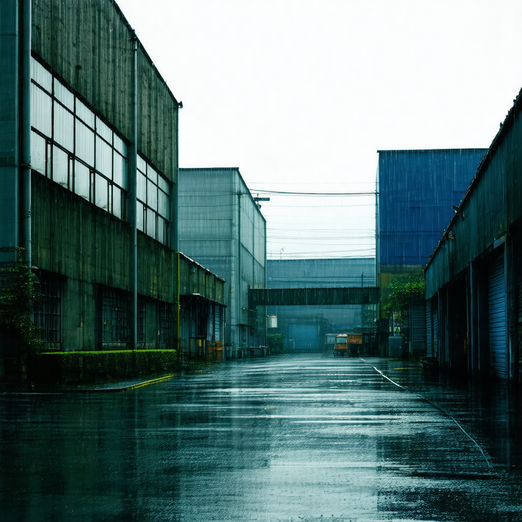 Rainy day in a city, with a wet street and a few building...