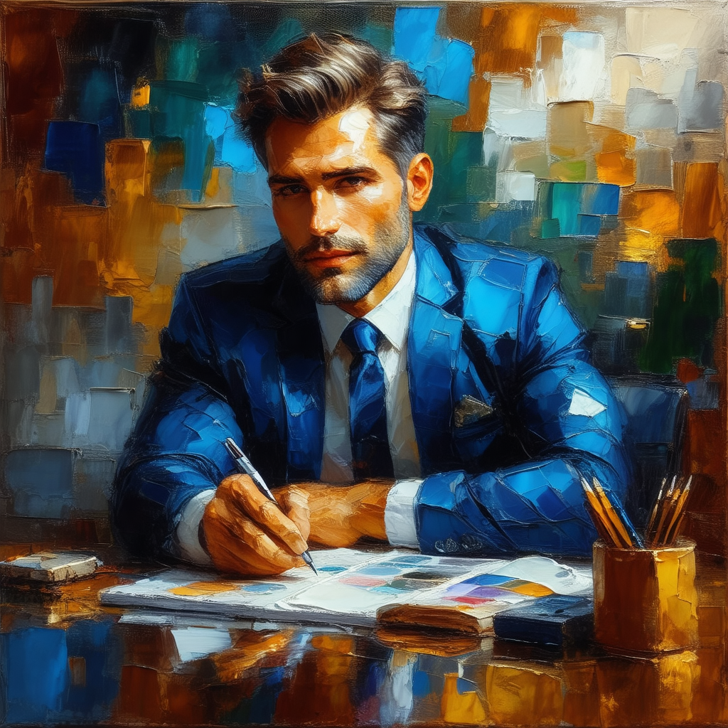 Man wearing a suit and tie, sitting at a desk and writing...