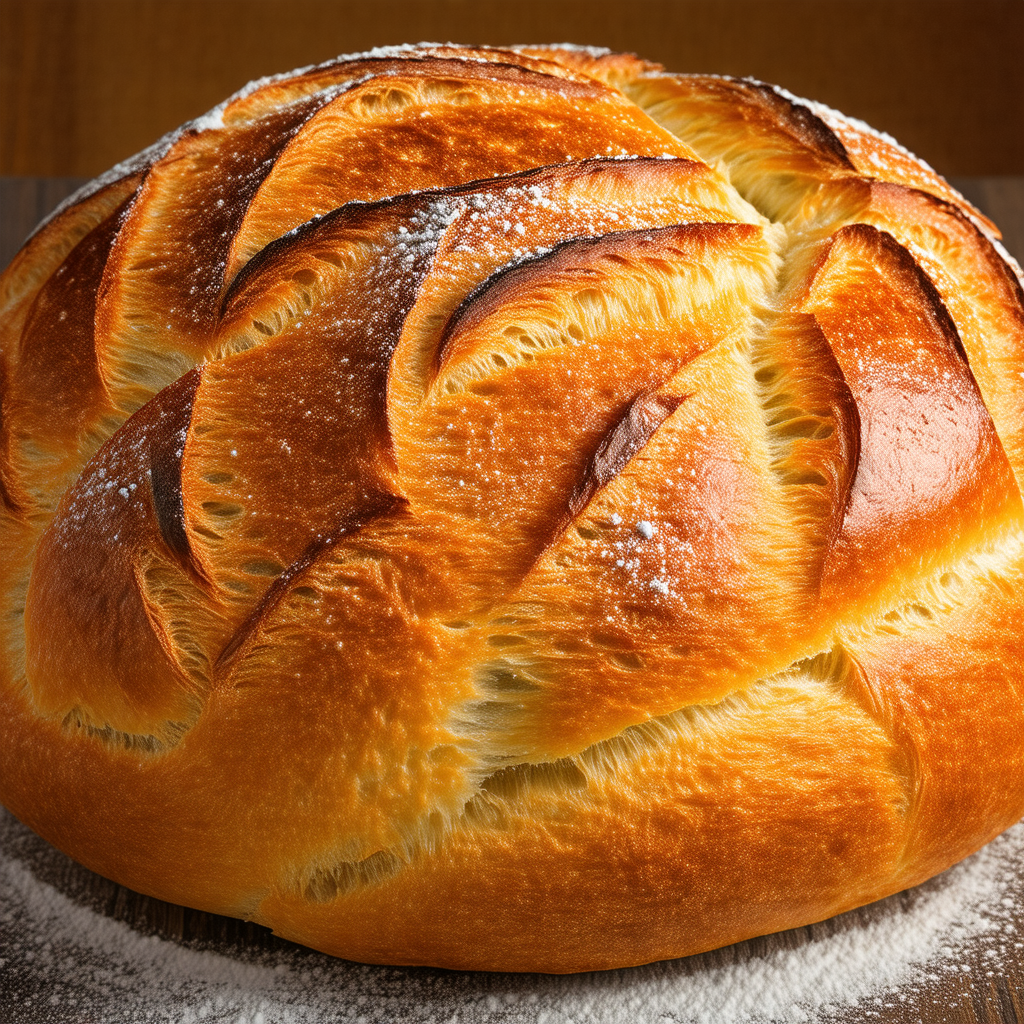Large, freshly baked loaf of bread, covered in powdered s...
