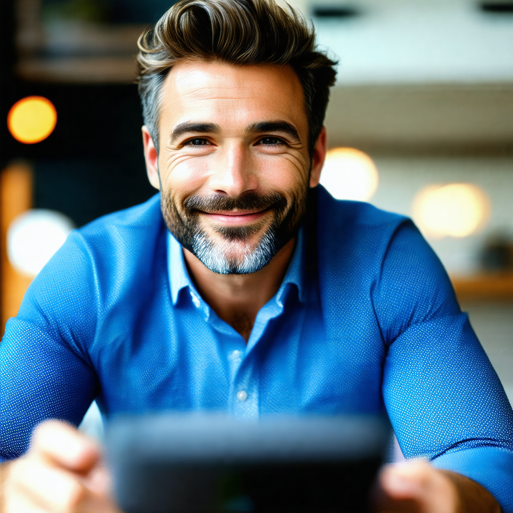 Man with a beard and mustache, wearing a blue shirt and s...