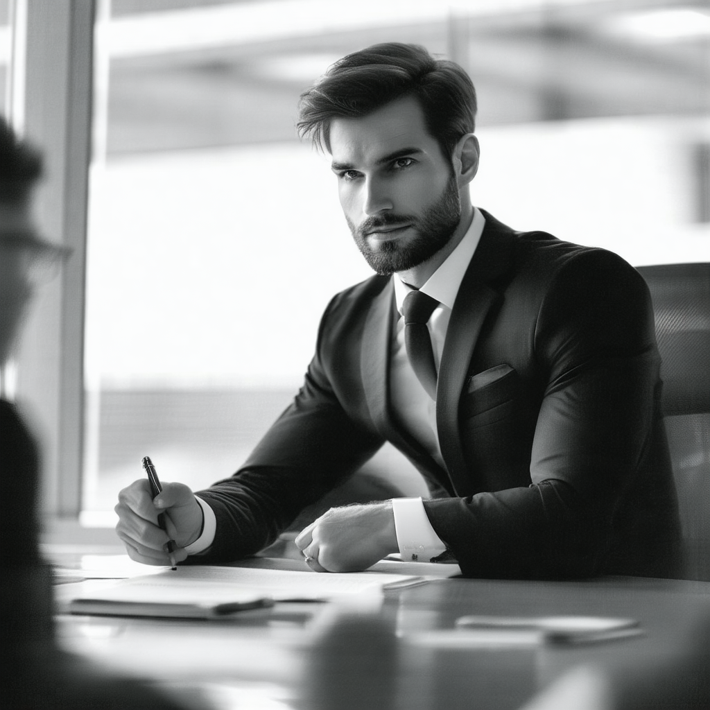 Man wearing a suit and tie, sitting at a desk and writing...