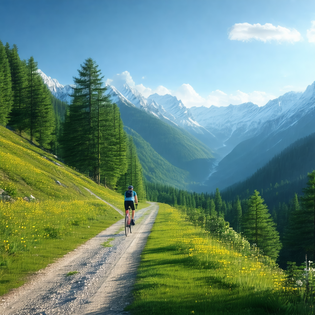 Man riding a bicycle on a dirt road, surrounded by a beau...