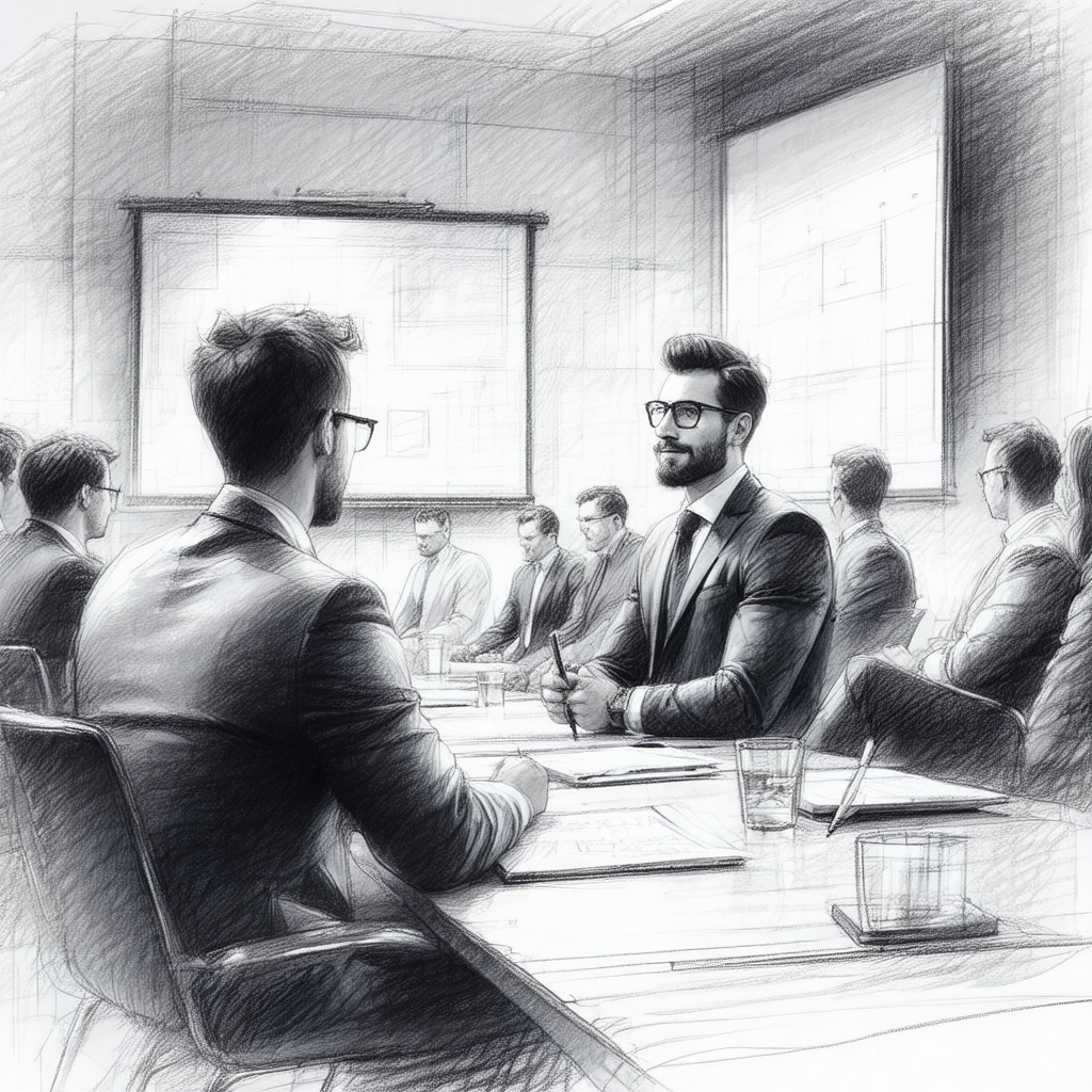 Black and white drawing of a group of people sitting arou...