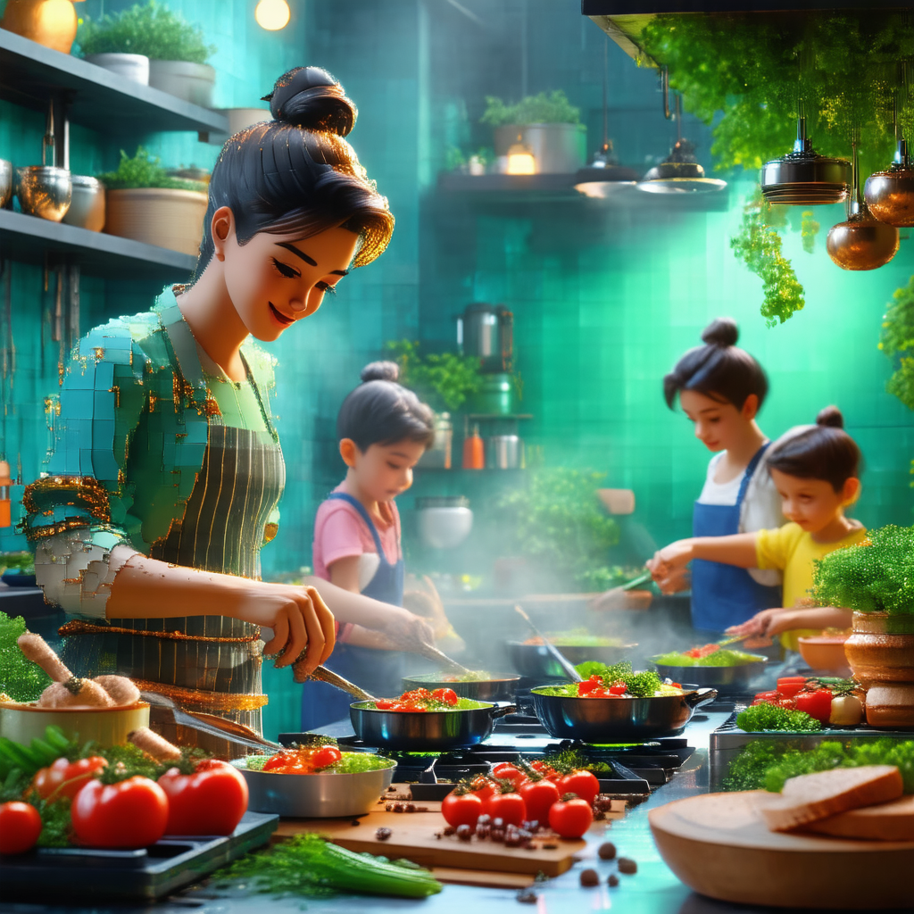 Lively kitchen scene with a woman and several children pr...