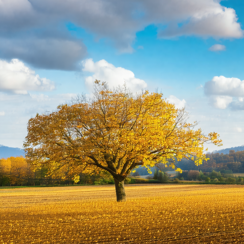Large, bare tree standing in a field of dry grass