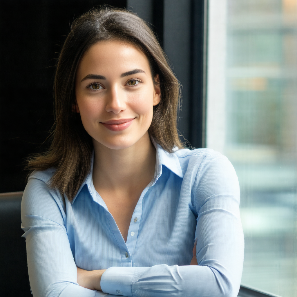 Woman wearing a blue shirt and a white blouse, standing i...